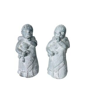 Isabel Bloom 1998 Child Angel with Teddy Bear Pair Concrete Sculptures Gray Blue